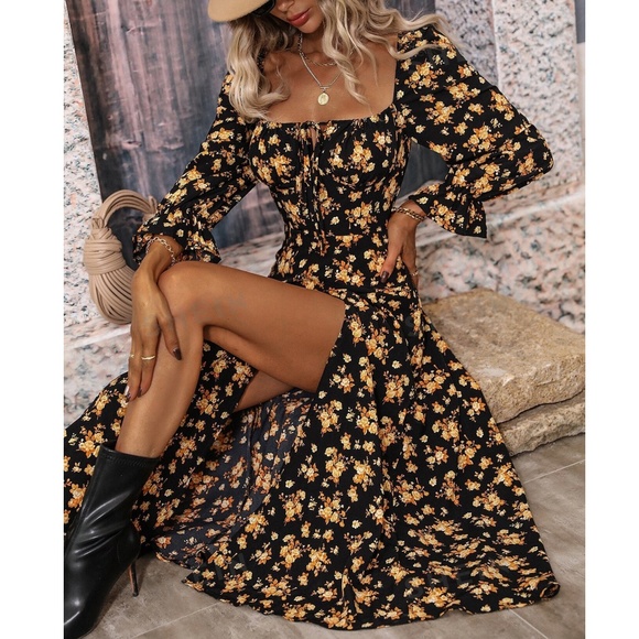 Boho Floral Print Ruffle Sleeve Maxi Dress - Picture 7 of 8